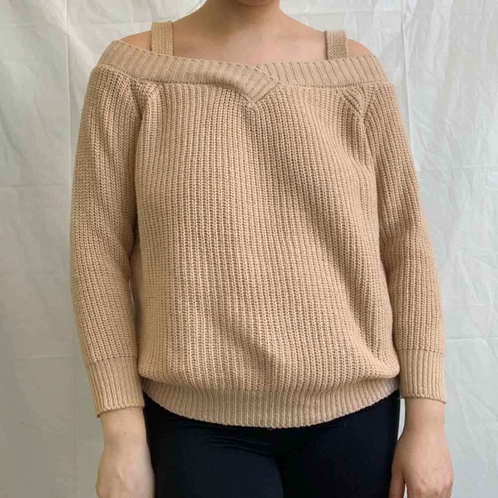 Open shoulder oatmeal tan sweater - size large